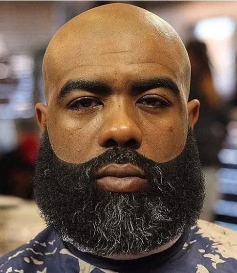 A bald man with a thick, meticulously groomed dark beard featuring subtle grey hairs.